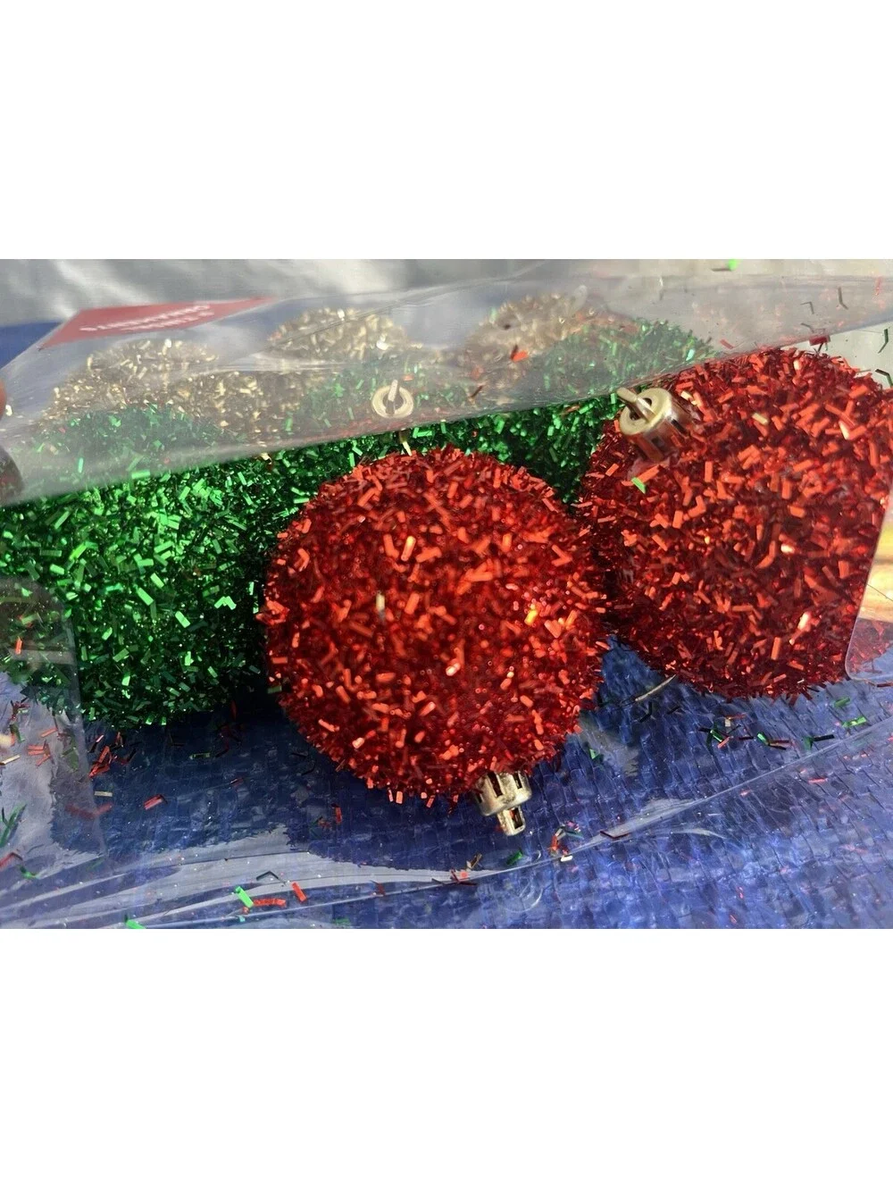 8pc Round Glitter Ornaments Green Red Gold